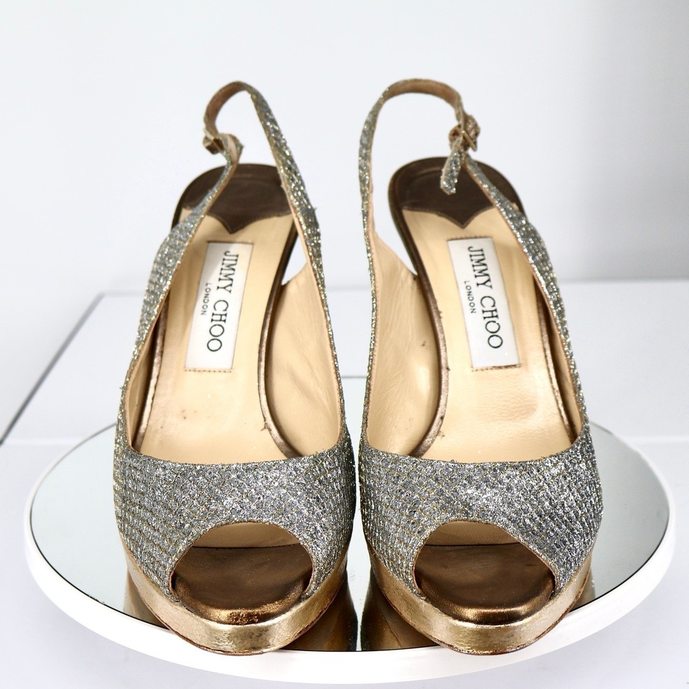 Jimmy Choo Glitter Slingback Peep Toe Nova Snake Platform Gold Silver EU 39 - Picture 6 of 7